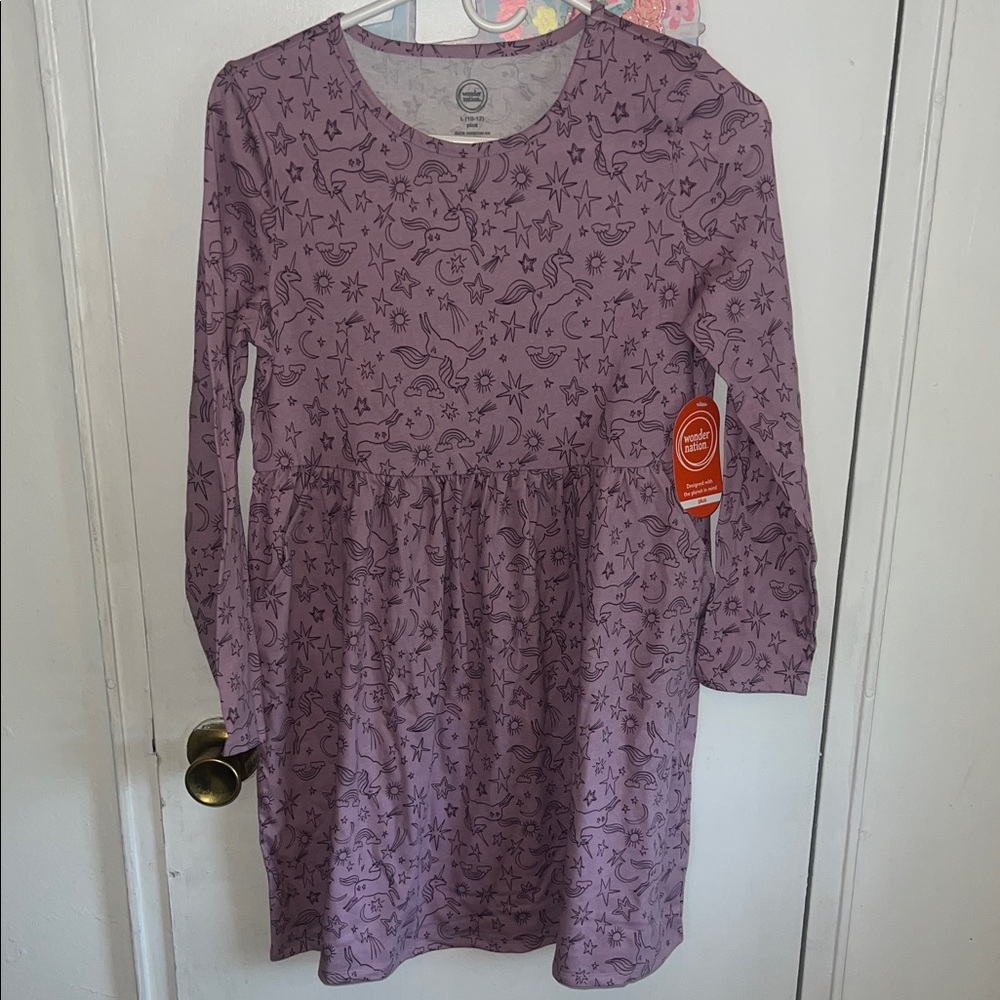 Wonder Nation girls Large Long Sleeve Unicorn & Stars Dress - Lavender